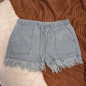 Light Blue High Rise Waisted Draw String Denim Frayed Raw Hem Jean Shorts